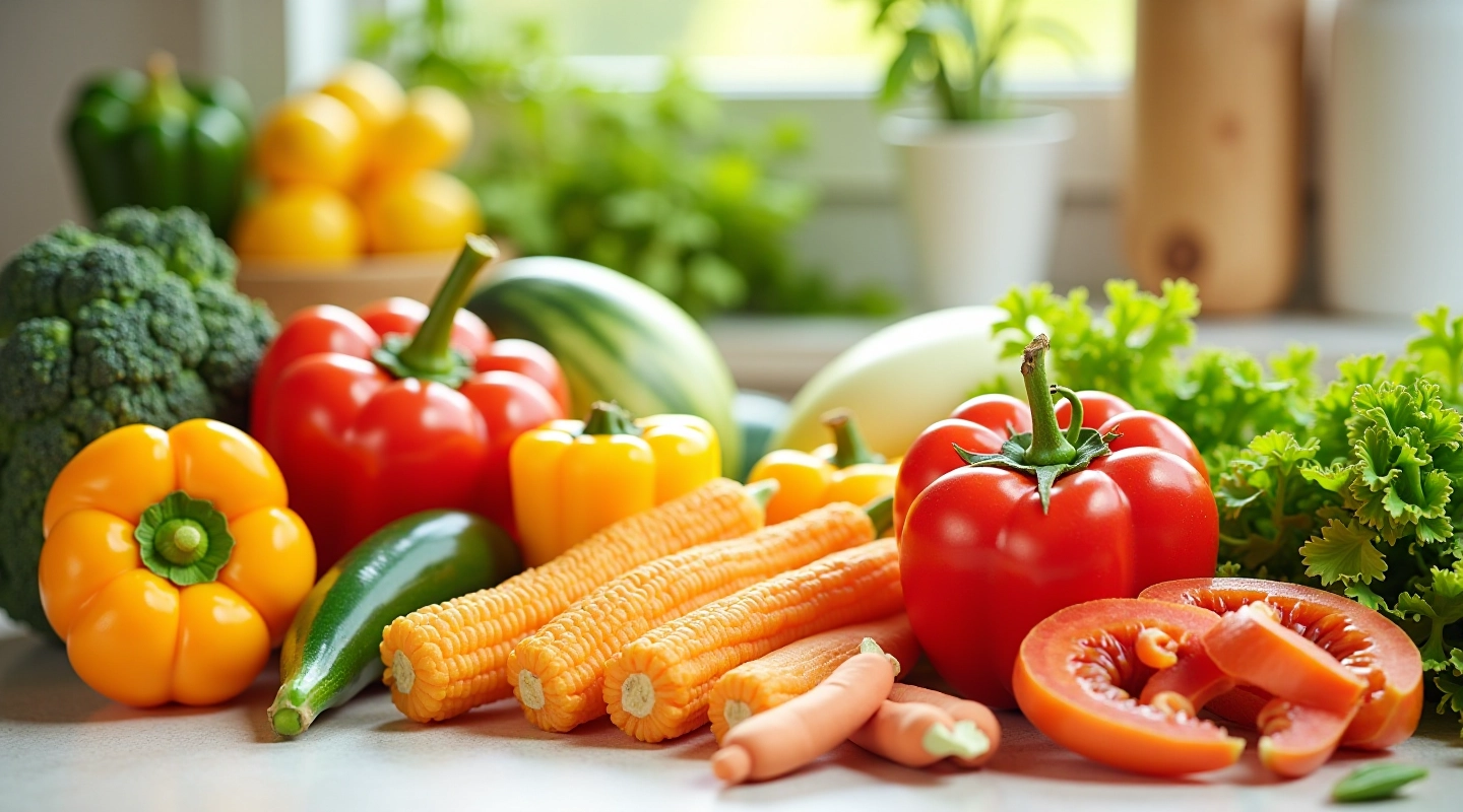 Colorful fresh vegetables and pantry staples arranged on a kitchen counter, bright natural lighting, flat lay composition