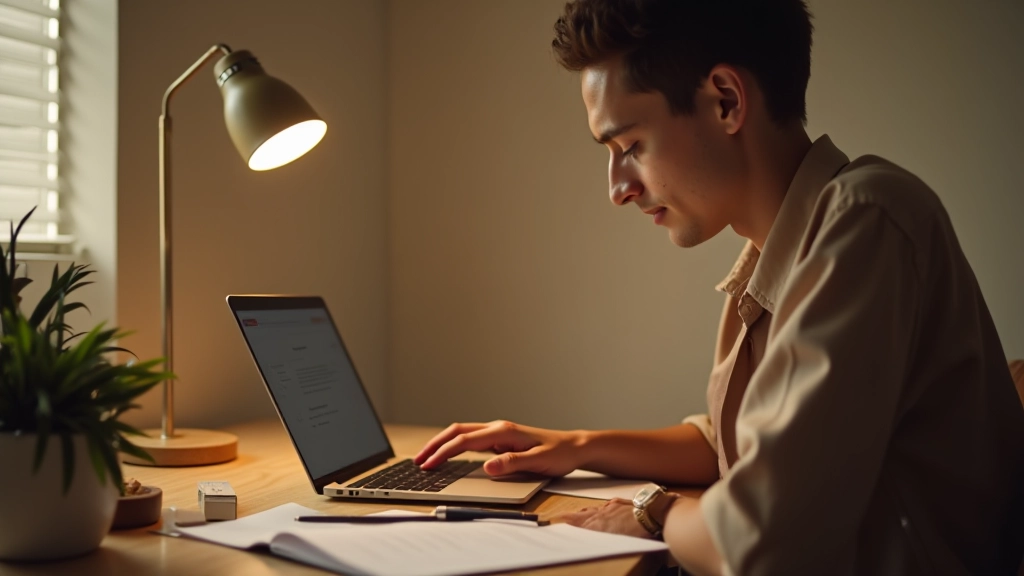 Person at desk reviewing financial progress on laptop, calculator and notes visible, focused expression