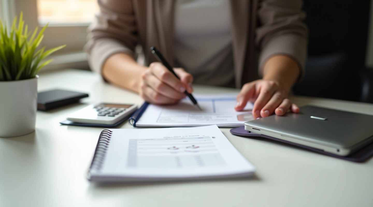 Person organizing budget and financial planning materials on desk with notebook and calculator