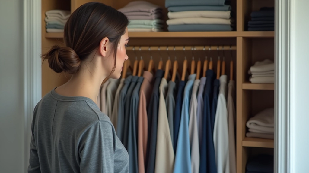 Person organizing closet with folded clothes and open shelves, clear labeling system