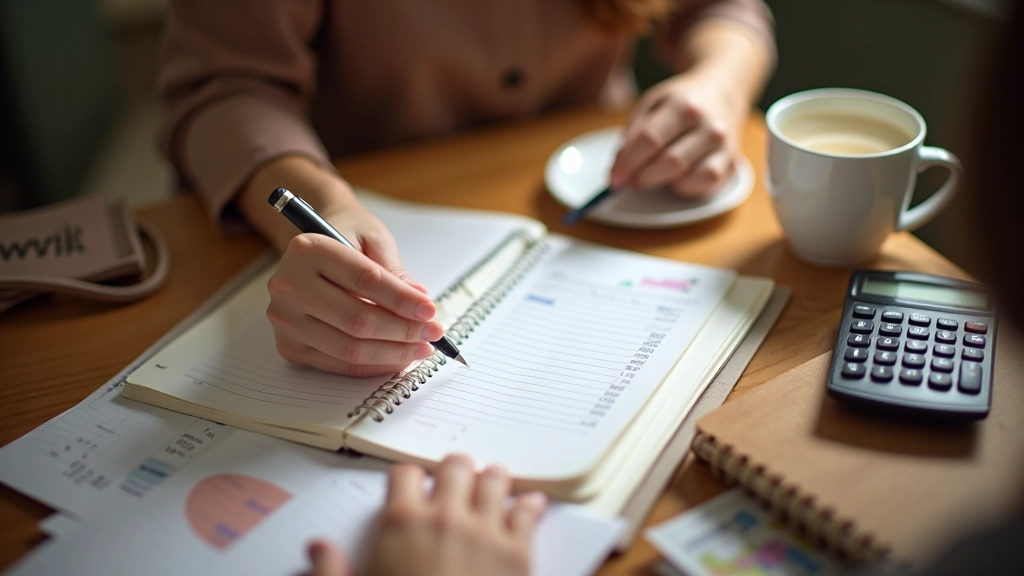 Someone planning finances with journal and calculator on wooden desk