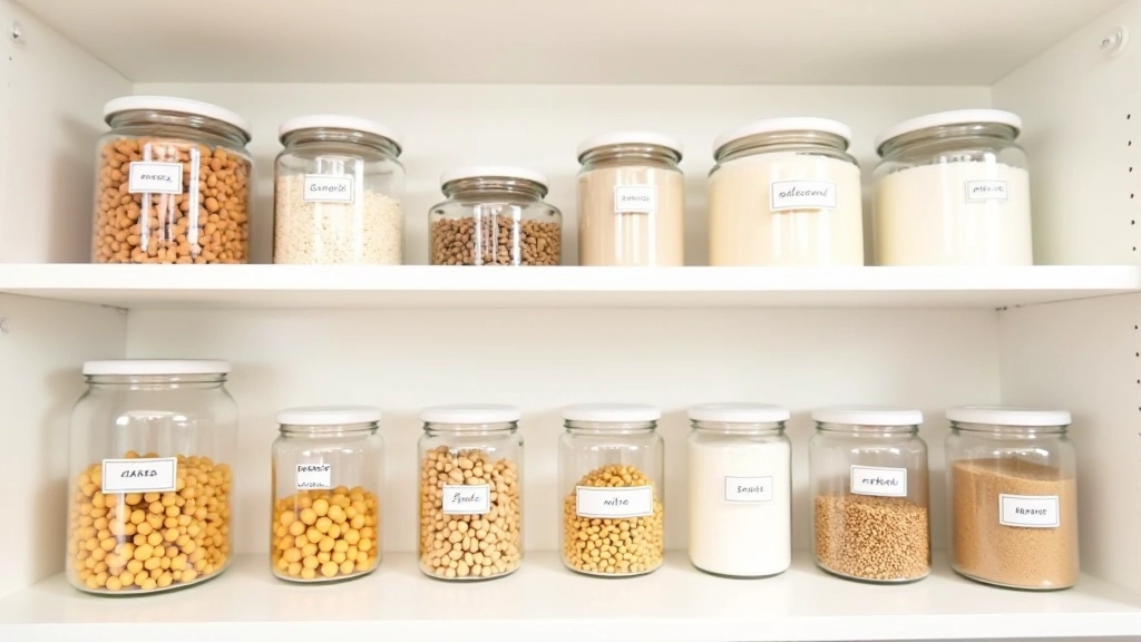 Open kitchen pantry shelves organized with glass jars containing dried pasta, beans, rice, and labeled containers, clean white shelving, even lighting