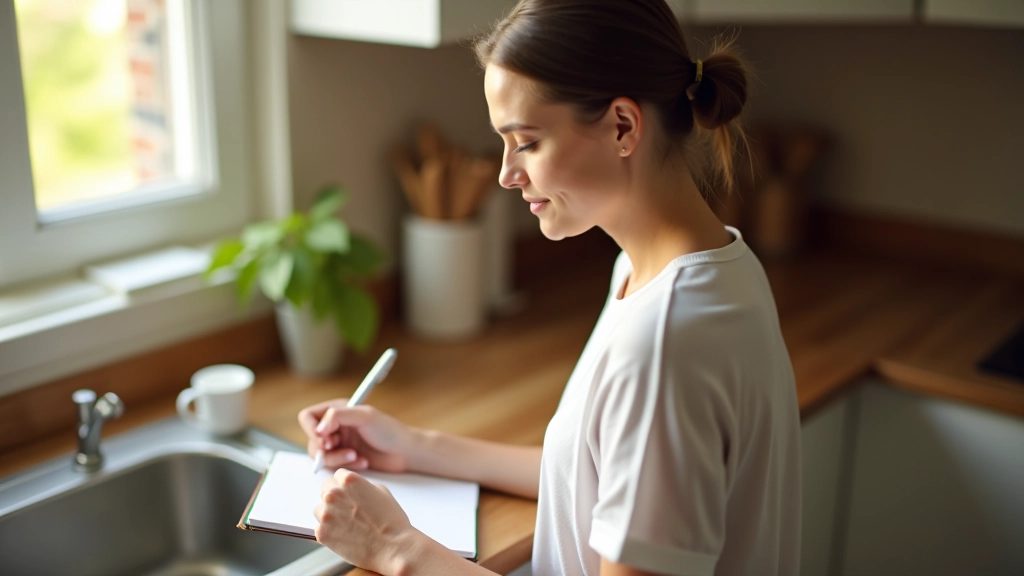 Person writing meal plan in notebook with grocery list beside a kitchen counter, morning natural light, overhead perspective